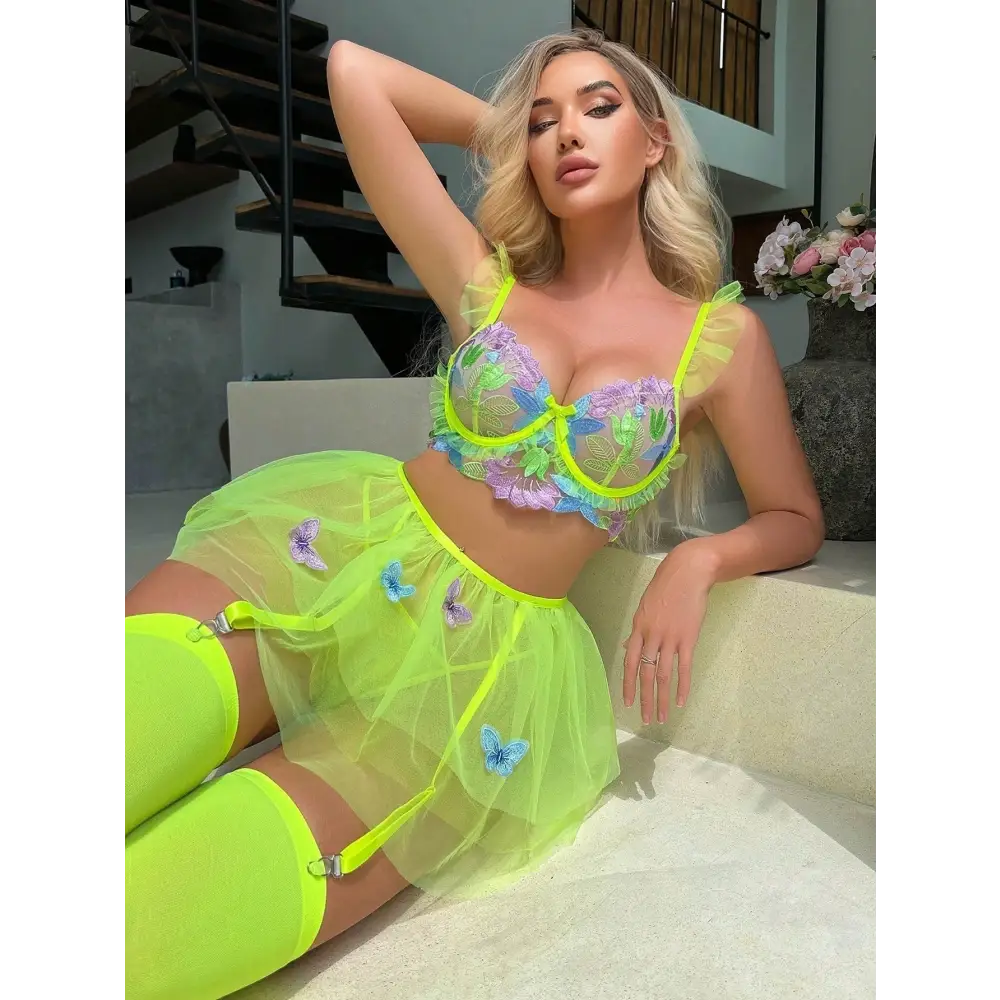 Butterfly Rave Lingerie Set in Vibrant Lime Green Tutu Style - lingerie set