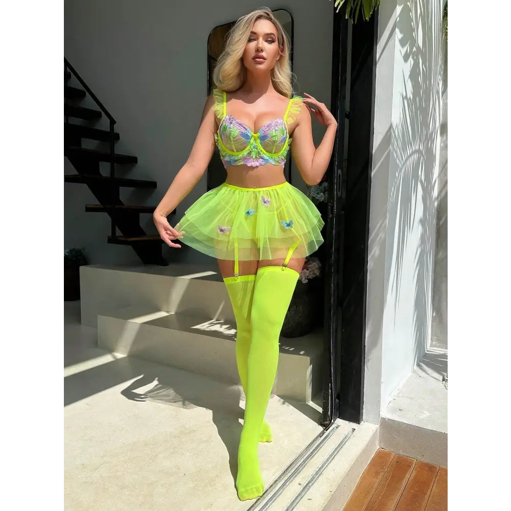 Butterfly Rave Lingerie Set in Vibrant Lime Green Tutu Style - lingerie set