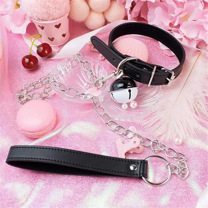 Candy Color Kitten Bell Collars for Cosparty Fun - Black Collar W/ Leash - collar