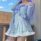 Candy Colored Blue Plaid Fur-Lined Lolita Skirt with Fur Trim - skirt