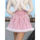 Candy Colored Blue Plaid Fur-Lined Lolita Skirt with Fur Trim - skirt