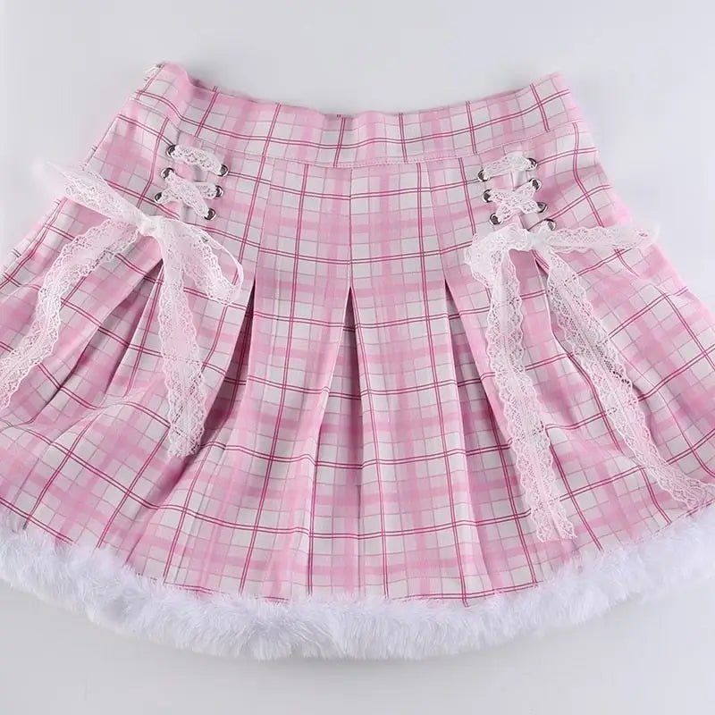 Candy Colored Blue Plaid Fur - Lined Lolita Skirt with Fur Trim - Cosparty