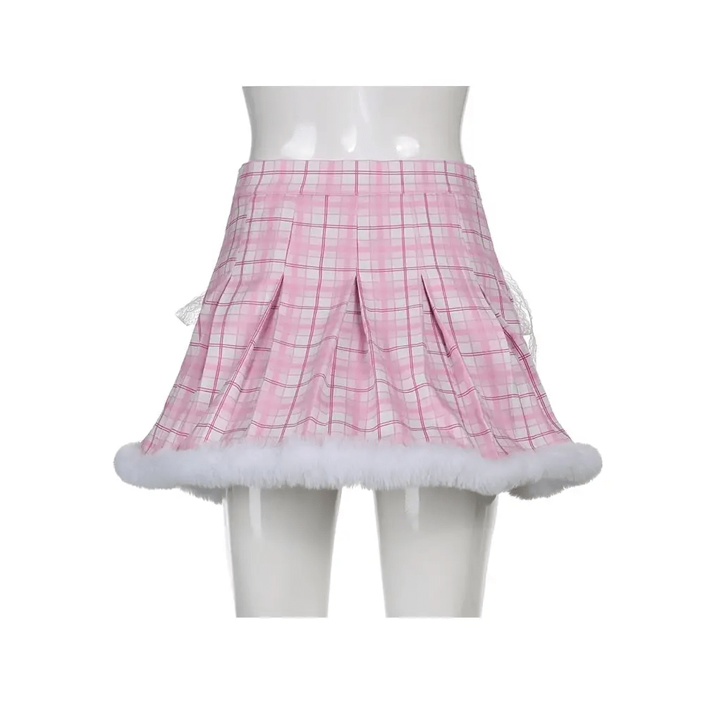 Candy Colored Blue Plaid Fur - Lined Lolita Skirt with Fur Trim - Cosparty