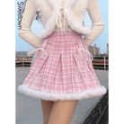 Candy Colored Blue Plaid Fur - Lined Lolita Skirt with Fur Trim - Cosparty