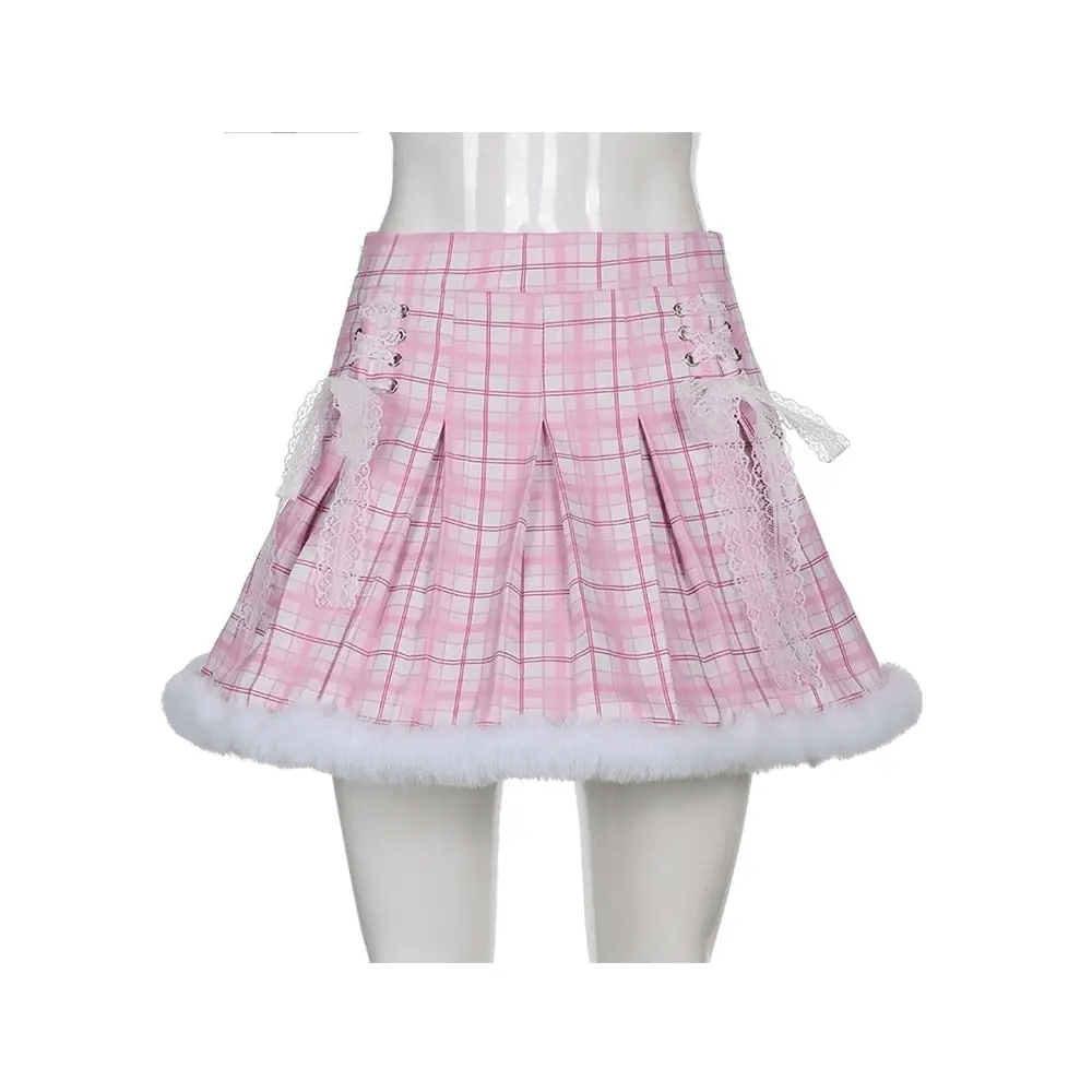 Candy Colored Blue Plaid Fur - Lined Lolita Skirt with Fur Trim - Cosparty