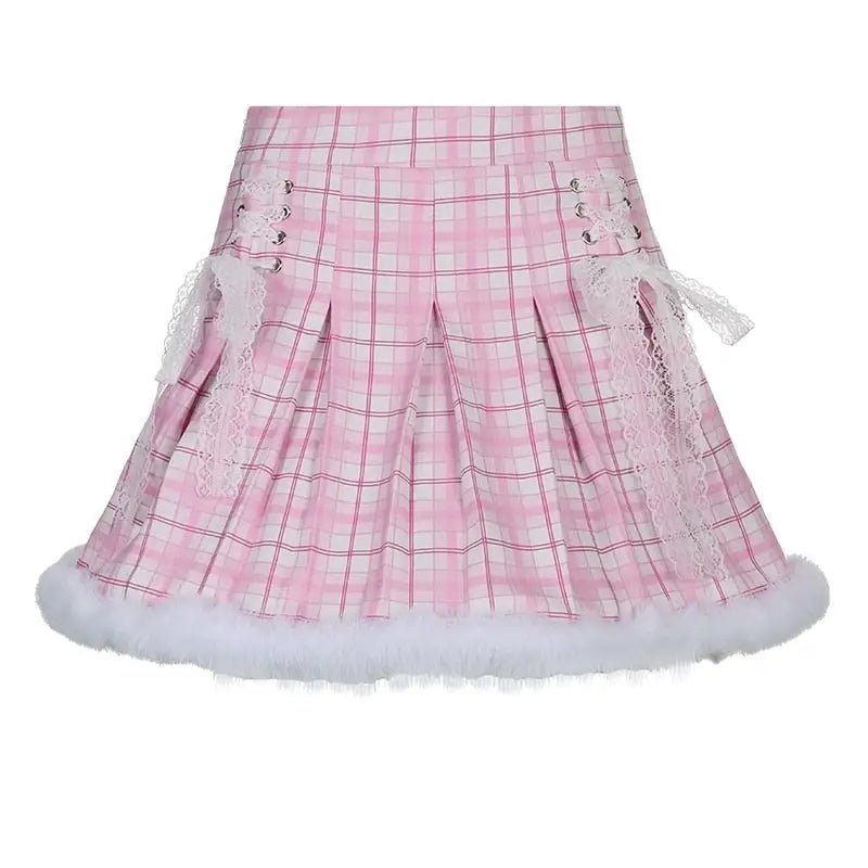 Candy Colored Blue Plaid Fur - Lined Lolita Skirt with Fur Trim - Cosparty