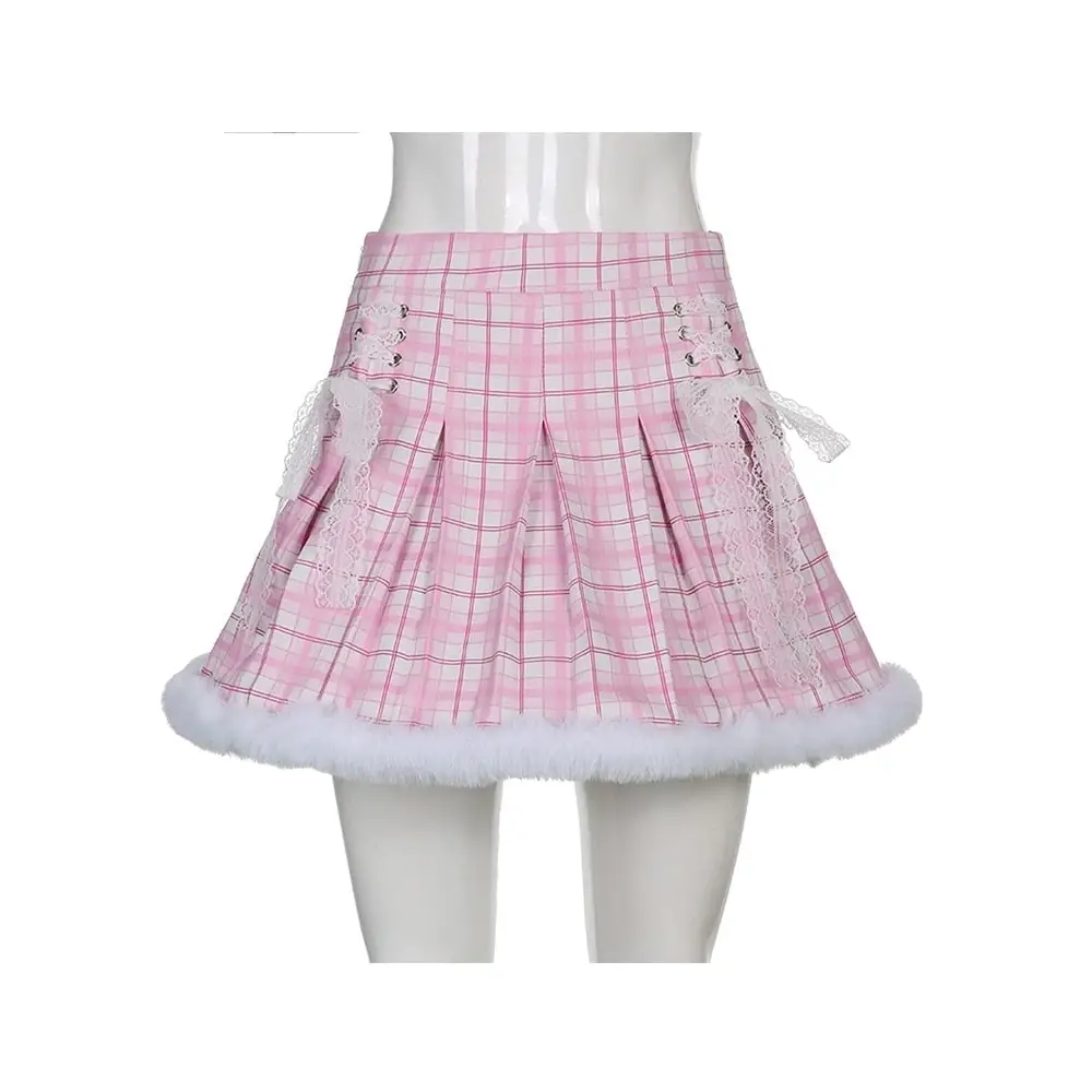 Candy Colored Blue Plaid Fur-Lined Lolita Skirt with Fur Trim - skirt