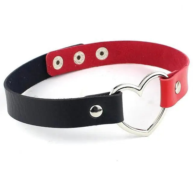 Kawaii Red Black Heart Choker Collar Vegan Leather Bondage Leash Kink