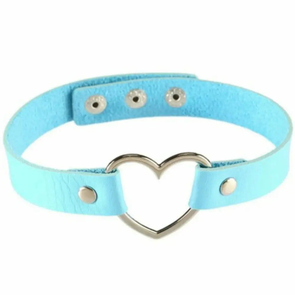 Kawaii Blue Heart Choker Collar Vegan Leather Bondage Leash Kink