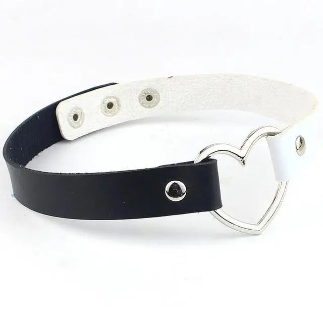 Kawaii Black White Heart Choker Collar Vegan Leather Bondage Leash Kink