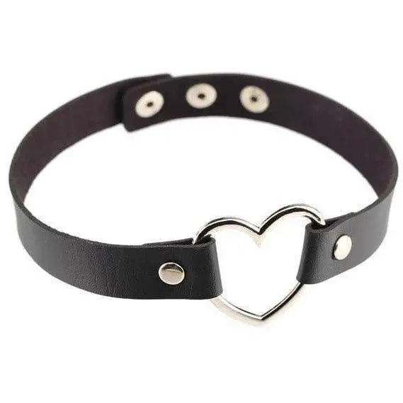 Kawaii Black Heart Choker Collar Vegan Leather Bondage Leash Kink