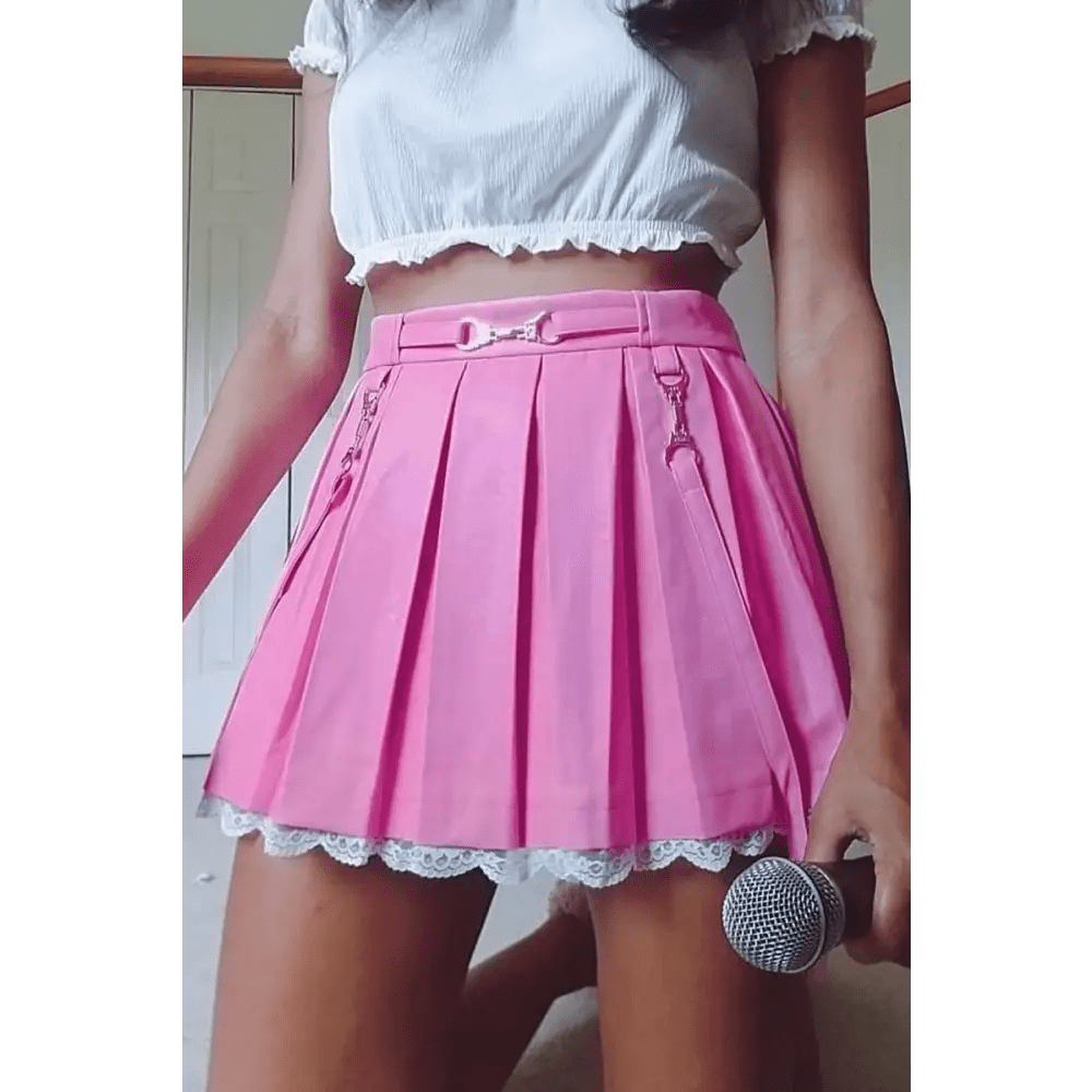 Candy Colored High Quality Pleated Skirt with Lace Tulle Hem - Cosparty