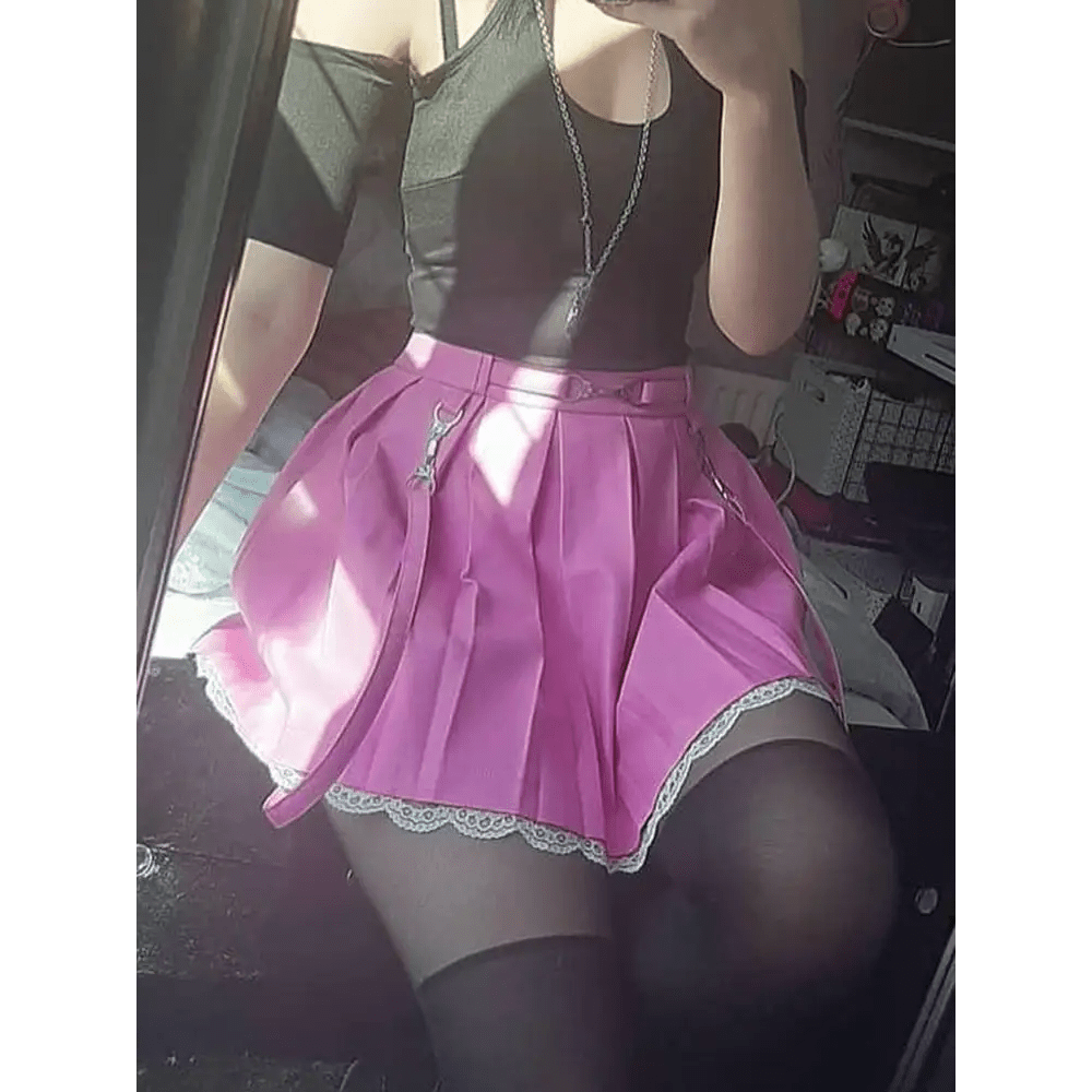 Candy Colored High Quality Pleated Skirt with Lace Tulle Hem - Cosparty