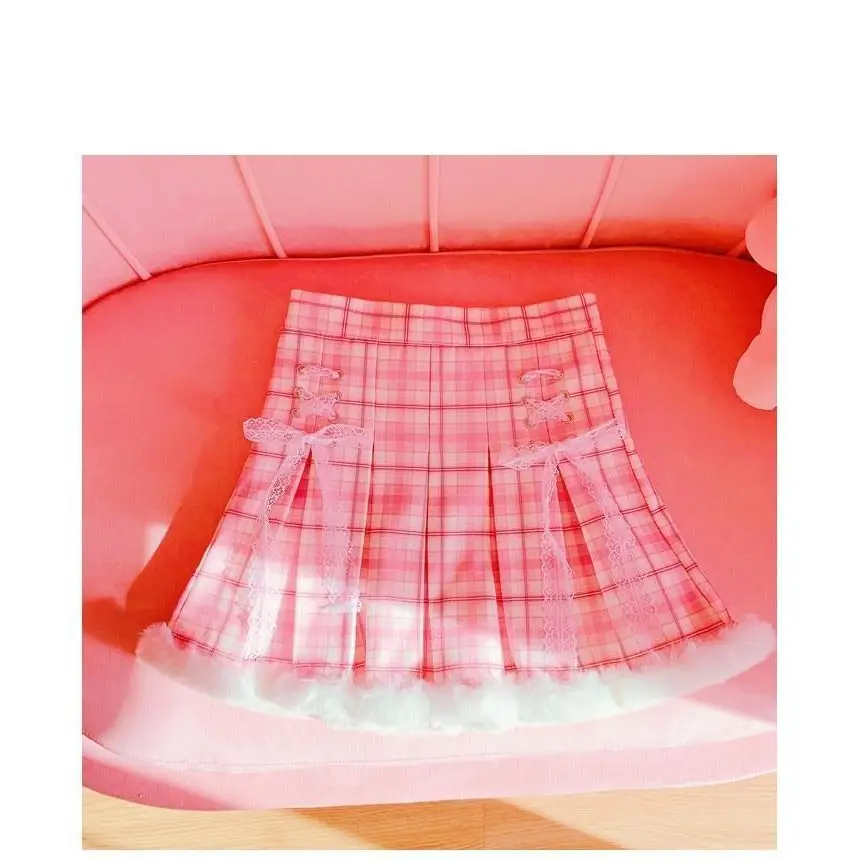 Candy Colored Pink Plaid Lolita Skirt with Fur-Lined Trim - Skirts