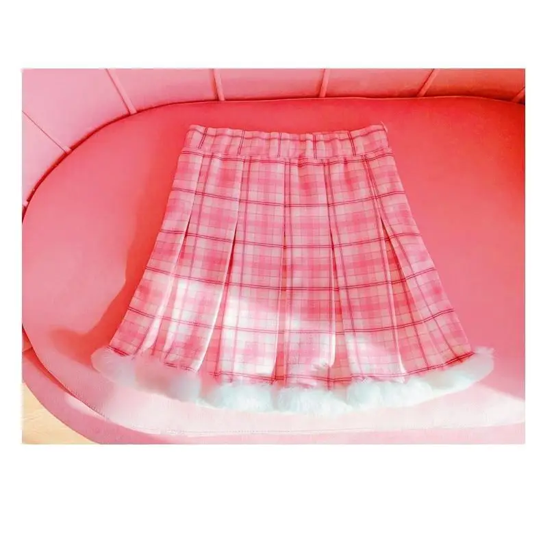 Candy Colored Pink Plaid Lolita Skirt with Fur-Lined Trim - Skirts