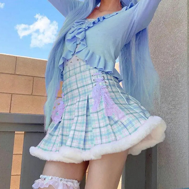 Candy Colored Pink Plaid Lolita Skirt with Fur-Lined Trim - S / Blue - Skirts