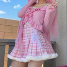 Candy Colored Pink Plaid Lolita Skirt with Fur-Lined Trim - Skirts