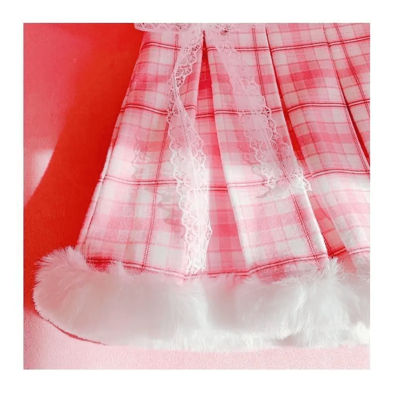 Candy Colored Pink Plaid Lolita Skirt with Fur - Lined Trim - Cosparty