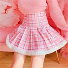 Candy Colored Pink Plaid Lolita Skirt with Fur - Lined Trim - Cosparty