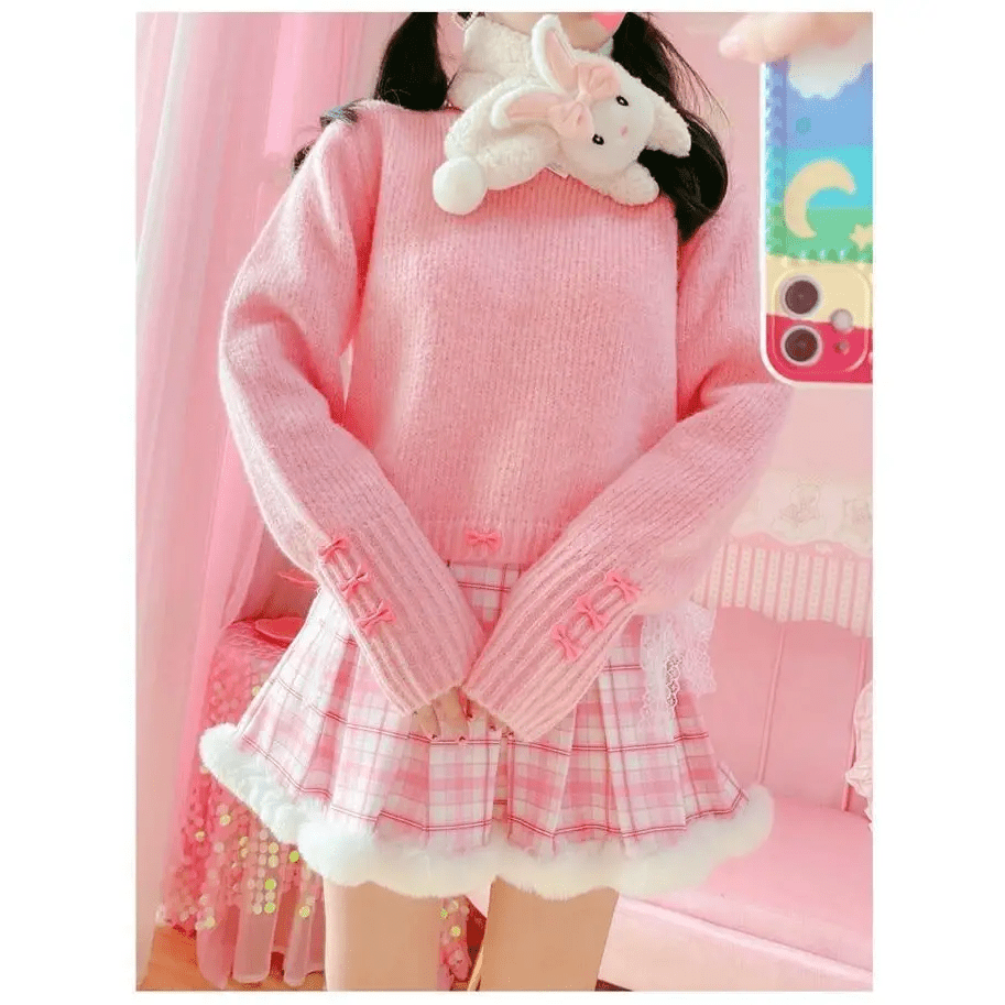 Candy Colored Pink Plaid Lolita Skirt with Fur - Lined Trim - Cosparty