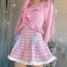 Candy Colored Pink Plaid Lolita Skirt with Fur - Lined Trim - Cosparty