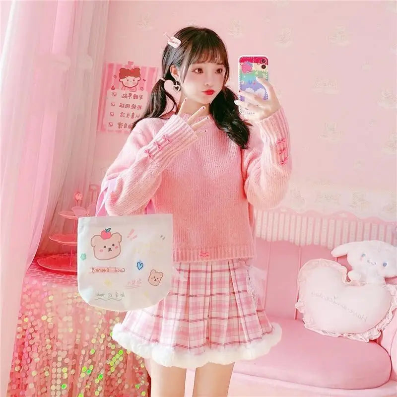 Candy Colored Pink Plaid Lolita Skirt with Fur-Lined Trim - Skirts