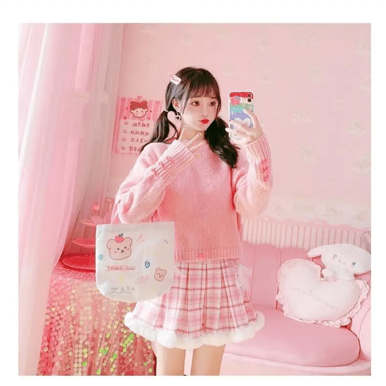 Candy Colored Pink Plaid Lolita Skirt with Fur - Lined Trim - Cosparty