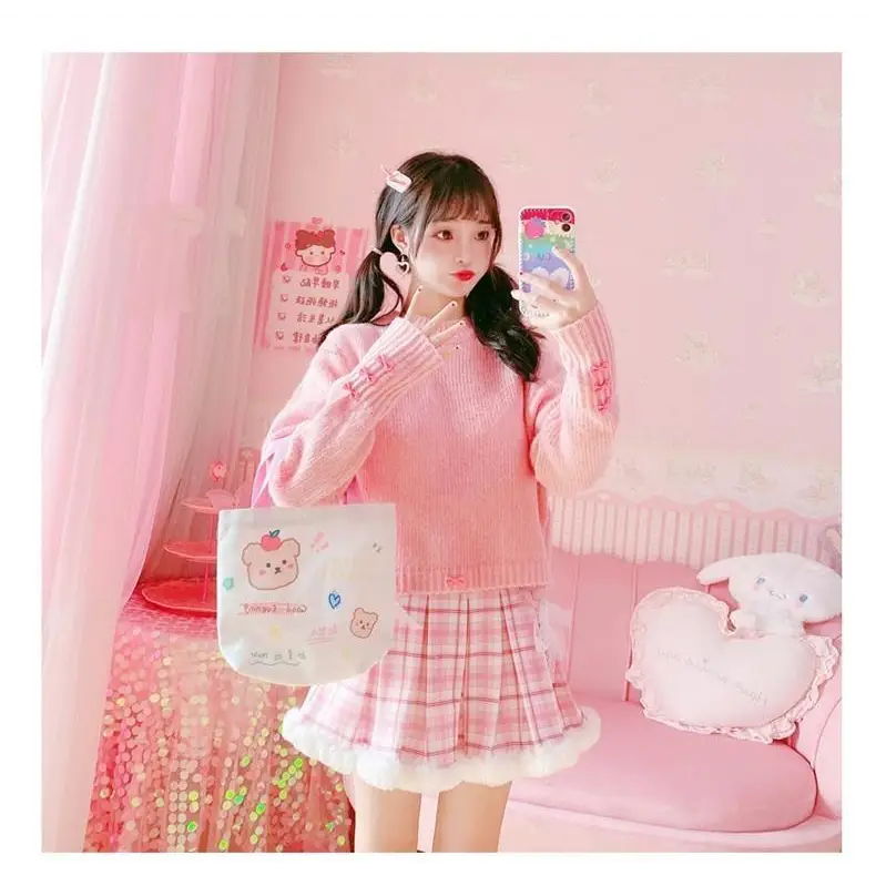 Candy Colored Pink Plaid Lolita Skirt with Fur-Lined Trim - Skirts