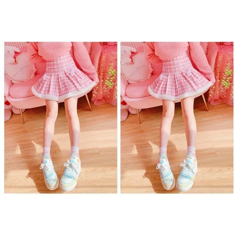 Candy Colored Pink Plaid Lolita Skirt with Fur-Lined Trim - Skirts