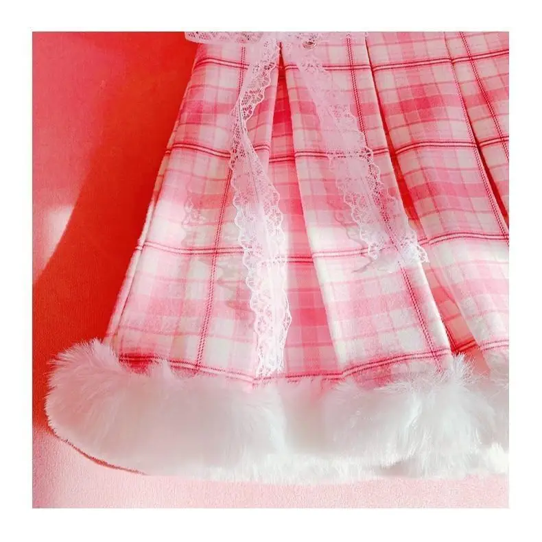 Candy Colored Pink Plaid Lolita Skirt with Fur-Lined Trim - Skirts