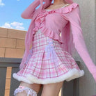 Candy Colored Pink Plaid Lolita Skirt with Fur - Lined Trim - Cosparty