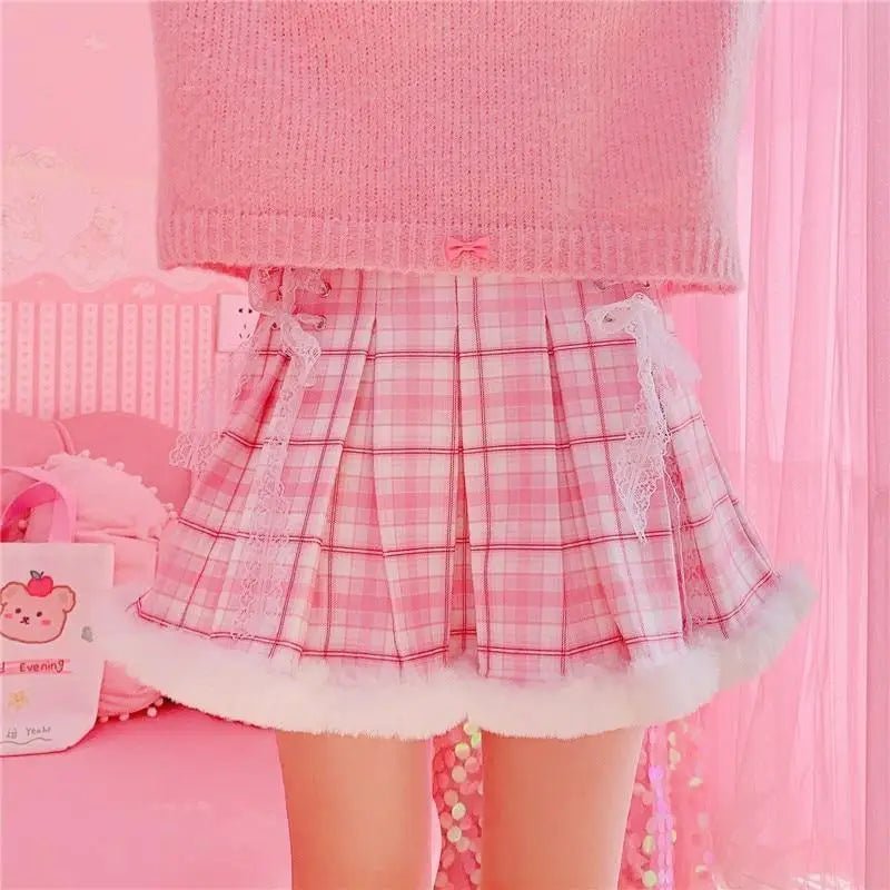 Candy Colored Pink Plaid Lolita Skirt with Fur - Lined Trim - Cosparty