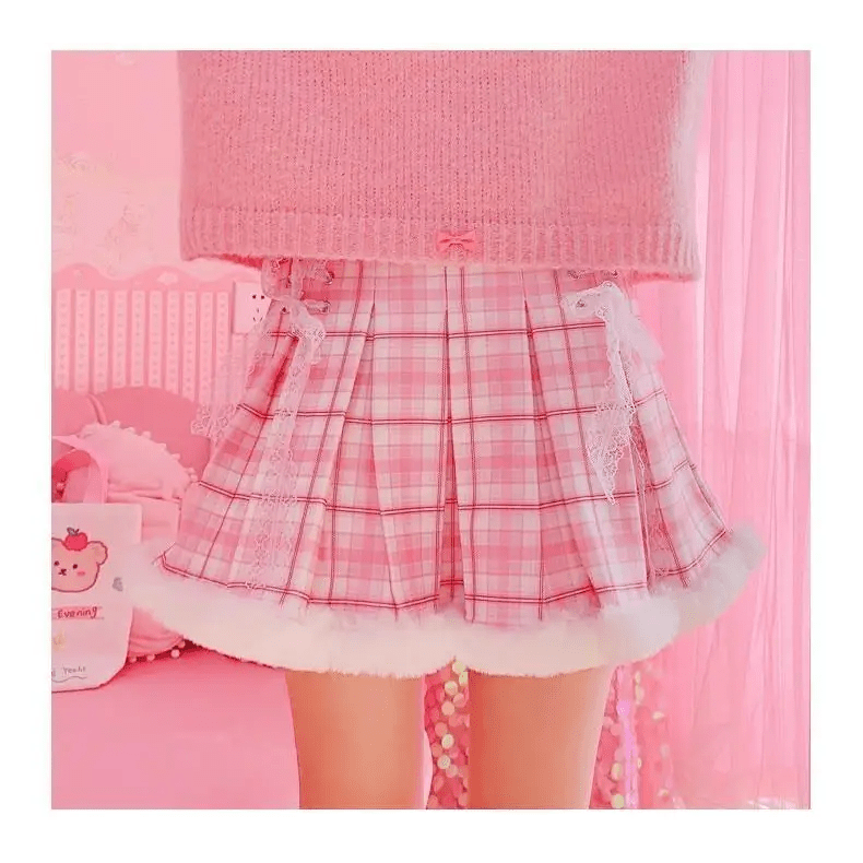 Candy Colored Pink Plaid Lolita Skirt with Fur - Lined Trim - Cosparty