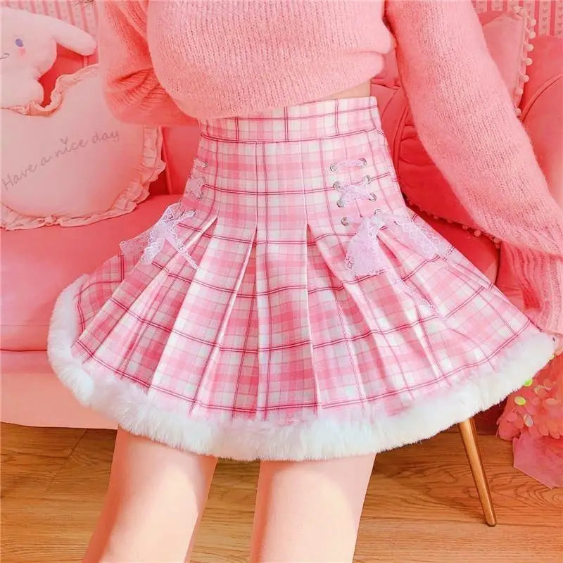 Candy Colored Pink Plaid Lolita Skirt with Fur-Lined Trim - Skirts