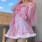 Candy Colored Pink Plaid Lolita Skirt with Fur - Lined Trim - Cosparty