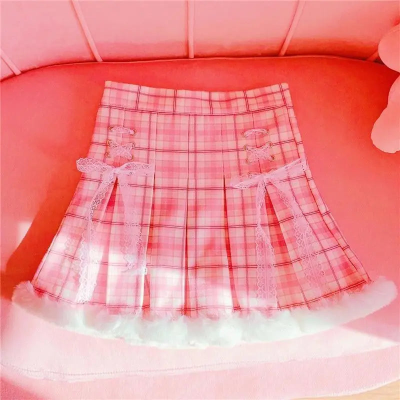 Candy Colored Pink Plaid Lolita Skirt with Fur-Lined Trim - Skirts