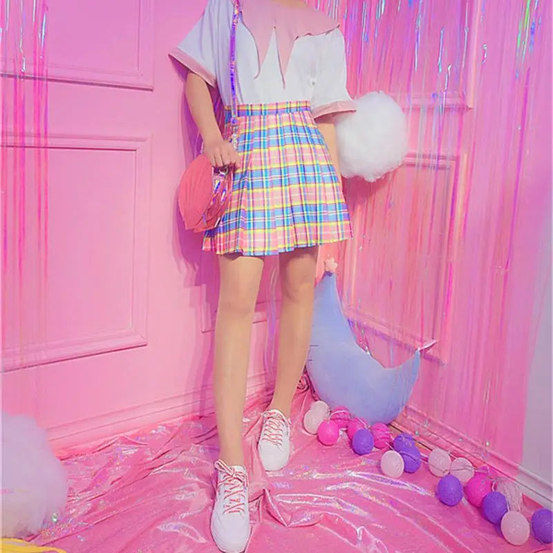 Candy Colored Plaid Skirt with Yellow Color Accents and Pleats - skirt