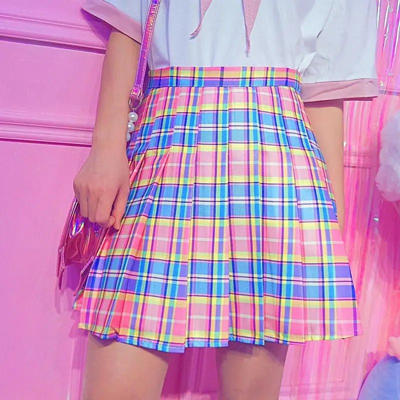 Candy Colored Plaid Skirt with Yellow Color Accents and Pleats - Cosparty