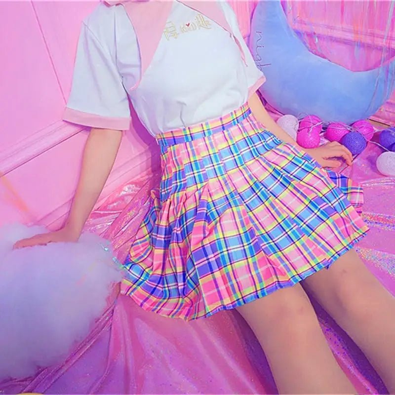 Candy Colored Plaid Skirt with Yellow Color Accents and Pleats - Cosparty