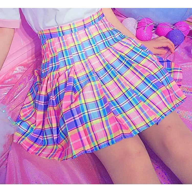 Candy Colored Plaid Skirt with Yellow Color Accents and Pleats - Pink - skirt