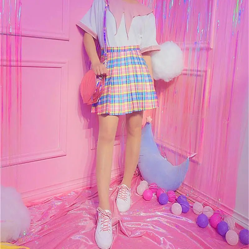 Candy Colored Plaid Skirt with Yellow Color Accents and Pleats - Cosparty
