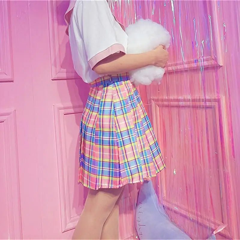 Candy Colored Plaid Skirt with Yellow Color Accents and Pleats - Cosparty