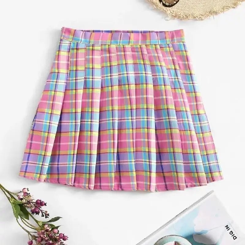 Candy Colored Plaid Skirt with Yellow Color Accents and Pleats - Cosparty