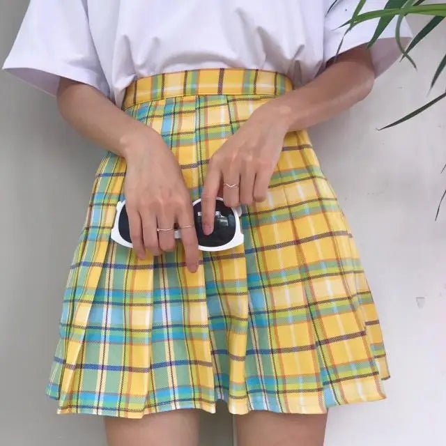 Candy Colored Plaid Skirt with Yellow Color Accents and Pleats - Cosparty
