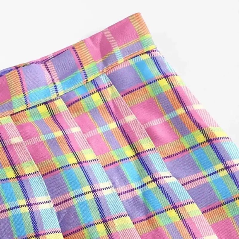 Candy Colored Plaid Skirt with Yellow Color Accents and Pleats - Cosparty