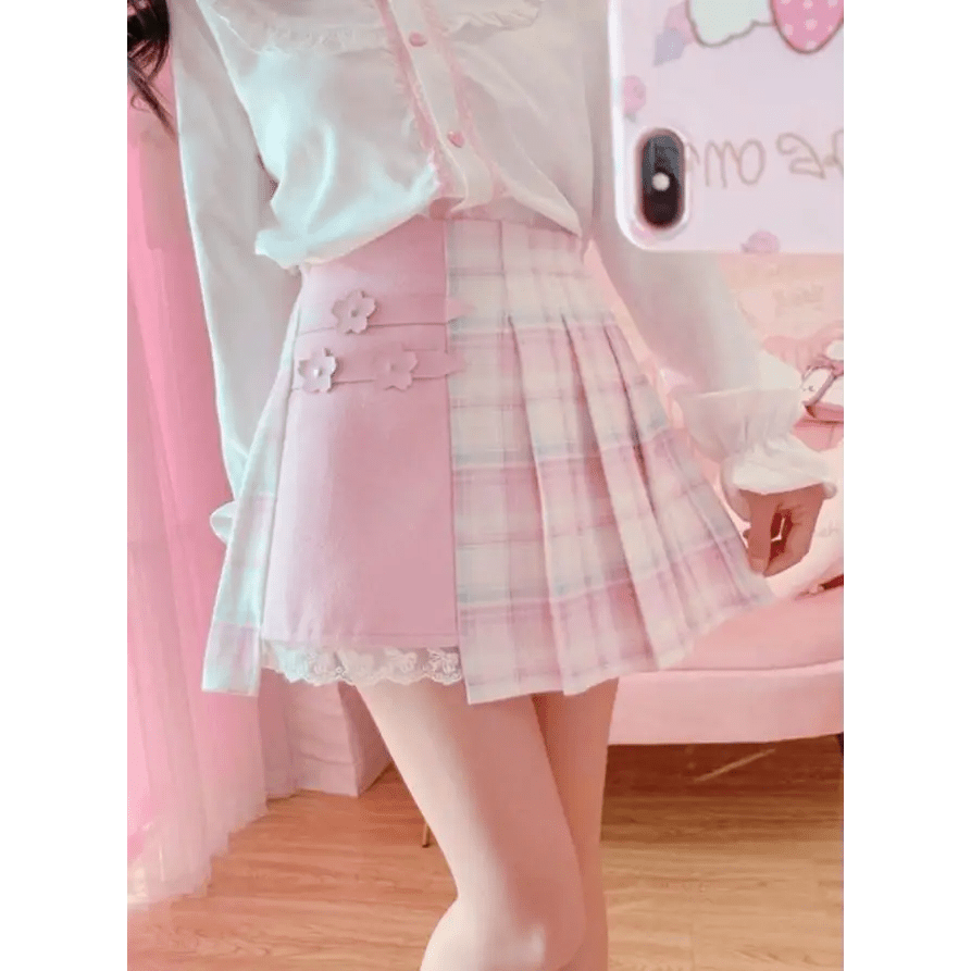 Candy Colored Purple Plaid Flower Lolita Skirt with Chain - Cosparty