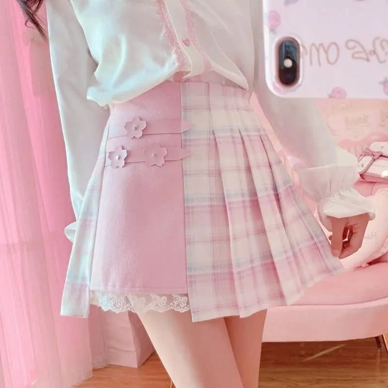 Candy Colored Purple Plaid Flower Lolita Skirt with Chain - skirt