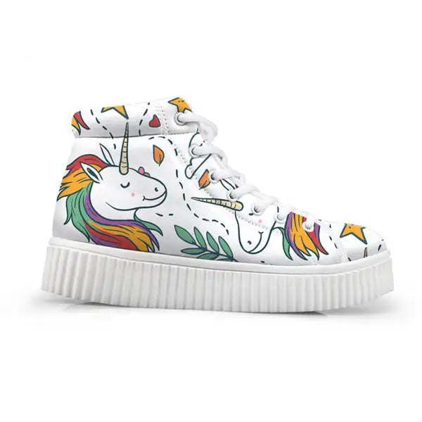 Canvas Hi Top Unicorn Pattern Shoes with Comfortable Wedge Heel - White Graffiti Unicorn / 5 - Shoes