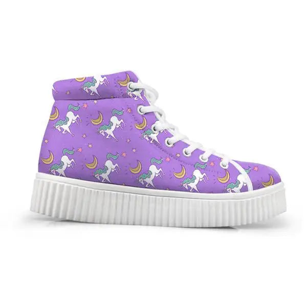 Canvas Hi Top Unicorn Pattern Shoes with Comfortable Wedge Heel - Purple Moon Unicorn / 5 - Shoes