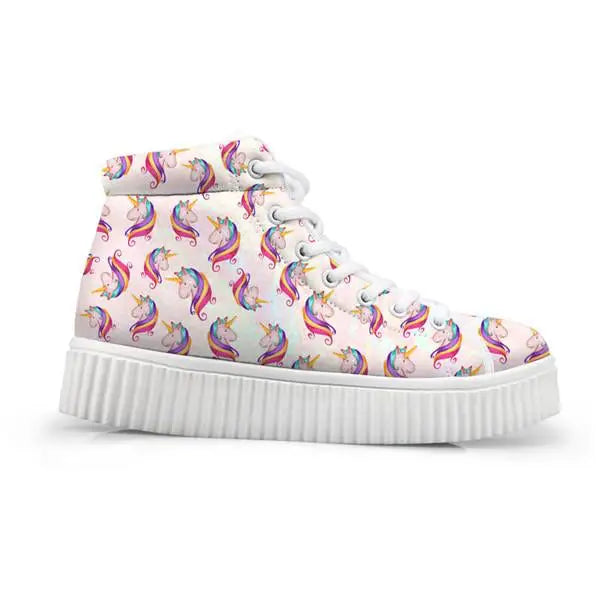 Canvas Hi Top Unicorn Pattern Shoes with Comfortable Wedge Heel - White Unicorn / 5 - Shoes